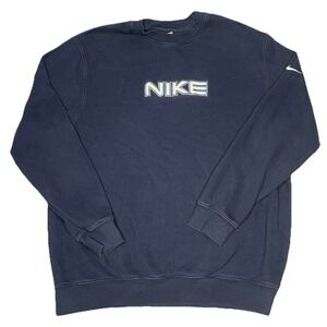 Vintage Nike Y2K Sweatshirt Men XL Navy Blue Embroidered Spell Out Logo Pullover